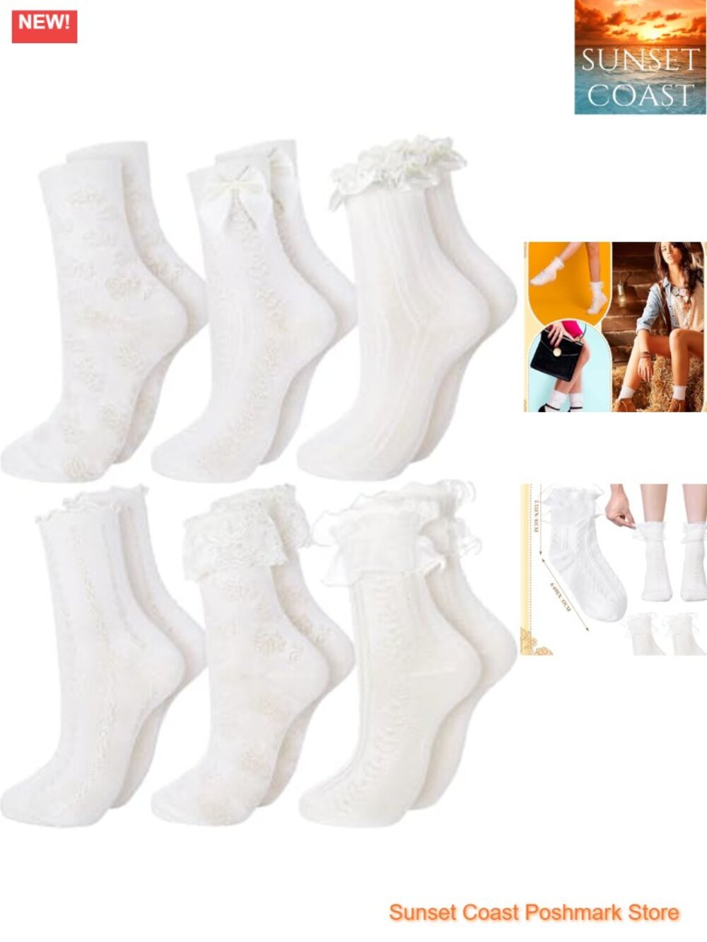 6 Pairs Womens Ruffle Lace Bow Ankle Socks Cotton Knit Frilly